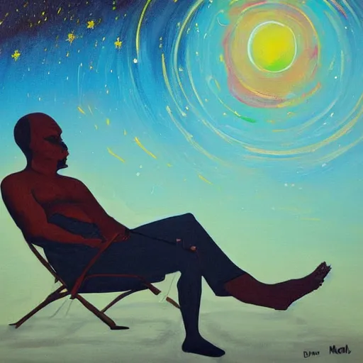 Image similar to painting of a peaceful man relaxing in the cosmos by David Normal, David Normal,