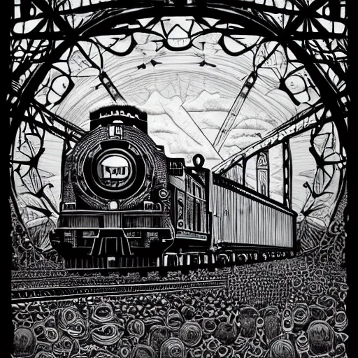 Image similar to there is a freight train of emotion stuck in my lungs black and white in the style of Dieselpunk, intricate very detailed by John Stephens and Don Jondro, #illustration trending on artstationHQ,