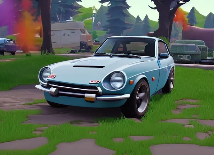 Prompt: a cartoon 1 9 7 0 datsun 2 4 0 z in fortnite, unreal engine