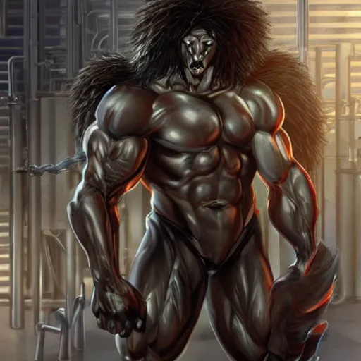 Image similar to splash art of a hyper - muscular black - coated anthropomorphic horse character in a research facility wearing a combat kevlar outfit, long hair, bodybuilder physique, highly detailed, furry, furaffinity, digital painting, artstation, sharp focus, illustration, art by artgerm, greg rutkowski, alphonse mucha