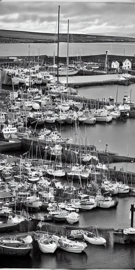 Prompt: a bleach bypass photograph of the harbour at Stromness orkney, polaroid