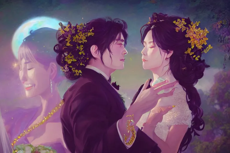 Image similar to a cinematic portrait of wedding photograph jpeg close up moment of a divine a japan sun god and moon goddess lovers magician at a wedding banquet. portraiture. digital painting. artstation. concept art. wedding photo. digital painting. violet evergarden art masterpiece by art by krenz cushart