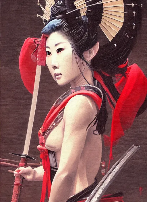 Prompt: a japanese oil painting of a beautiful samurai woman posing with a samurai sword, very aesthetic, detailed face, in the style of, greg rutkowski, boris vallejo, neal hanson, frank frazetta, goddess of war, epic fantasy character art, samurai armor, high fantasy, full length, exquisite detail low angle, masterpiece, cinematic