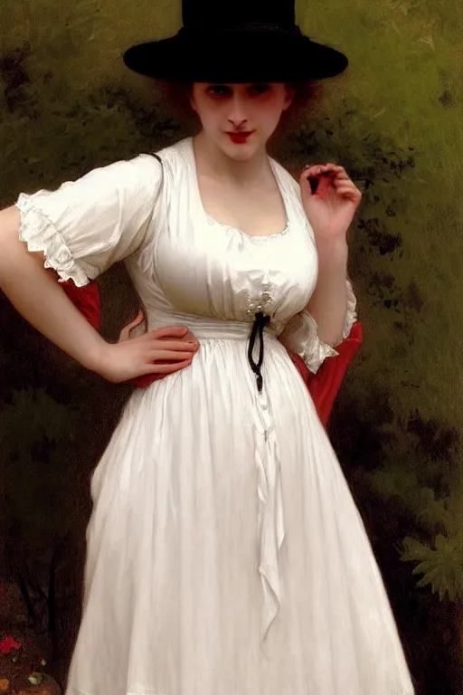 Image similar to victorian vampire in a big hat, white dress, painting by rossetti bouguereau, detailed art, artstation