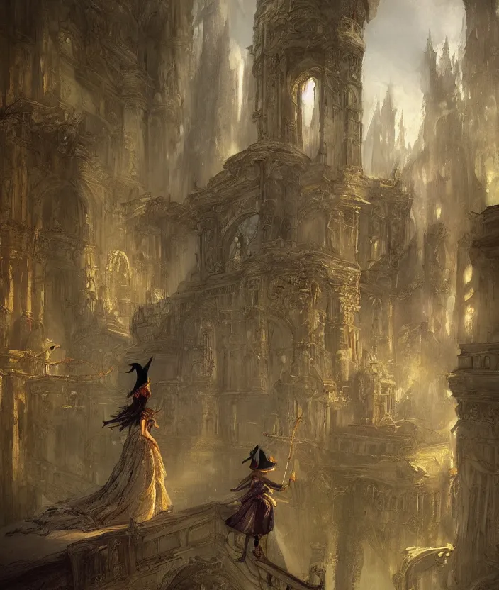 Prompt: Fantasy concept art of a witch girl standing on a palace room by William-Adolphe Bouguerea, highly detailded