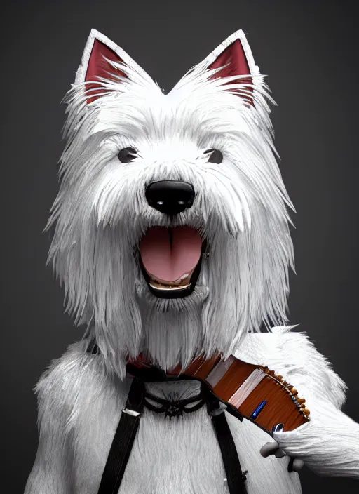 Image similar to a high detail shot of an Anthropomorphic west highland white terrier as a heavy metal guitarist, photorealism, volumetric lighting, epic lighting, artstation, hd