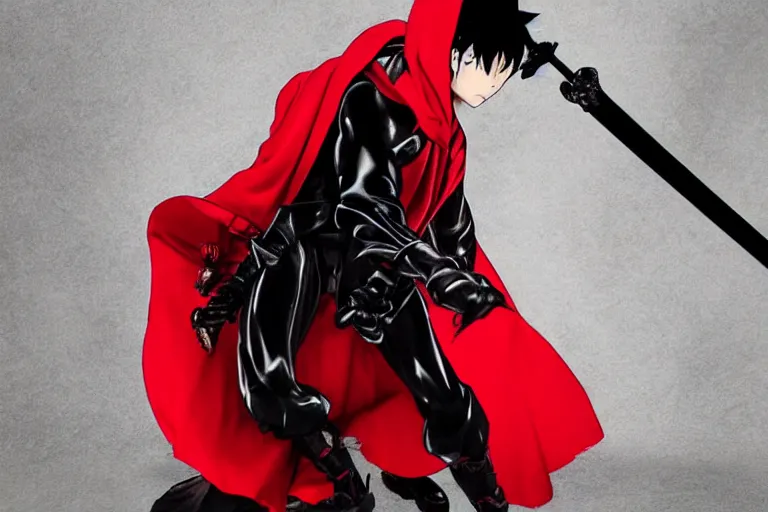 Image similar to a twin blade muscular swordsman, red and black cape and hoodie, scary, intimidating, worn out clothes, torn clothes, as a manga by Hirohiko Araki