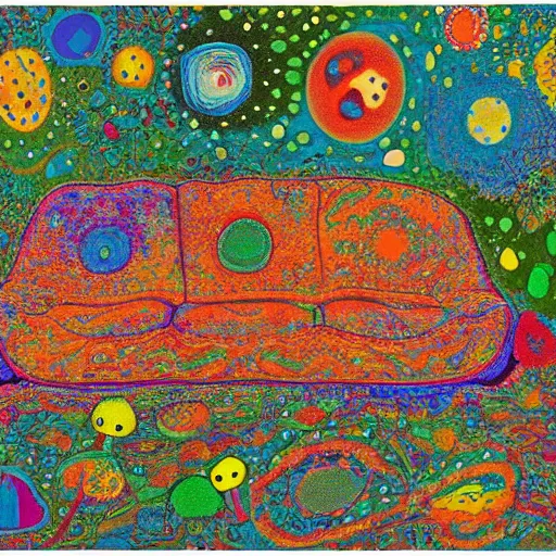 Image similar to psychedelic trippy couch in the lush forest, planets, flowers, mushrooms milky way, sofa, cartoon by mordecai ardon