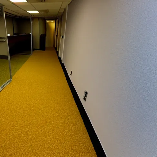 Prompt: photo of a scary shadowy monster in the backrooms, mono - yellow old moist carpet randomly connected infinite empty office space