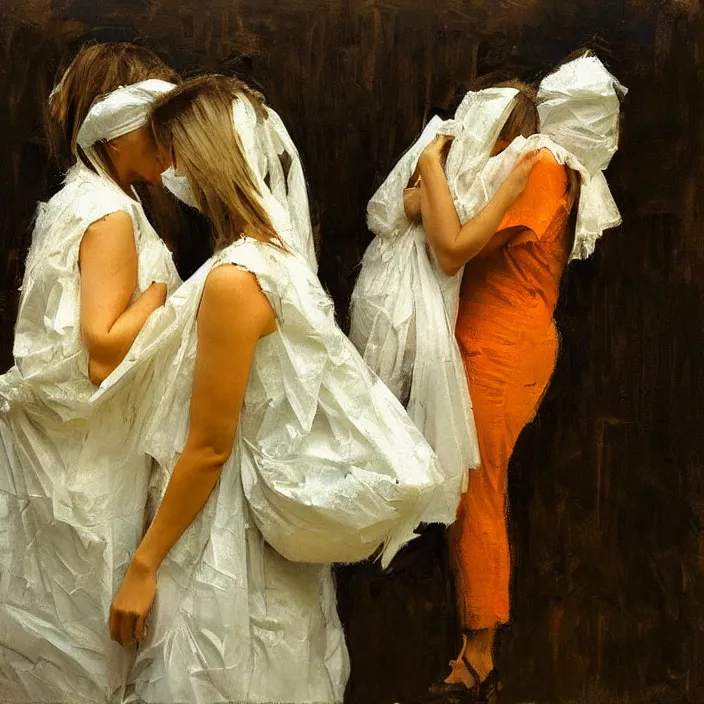 Image similar to two women hugging with a paper bag over the head dressed in plastic bags by jeremy mann and edward hopper