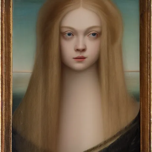 Prompt: Painting of Elle Fanning in the Bermuda Triangle, long blonde hair, delicate, pale milky white porcelain skin, by da Vinci. 8K. Extremely detailed.