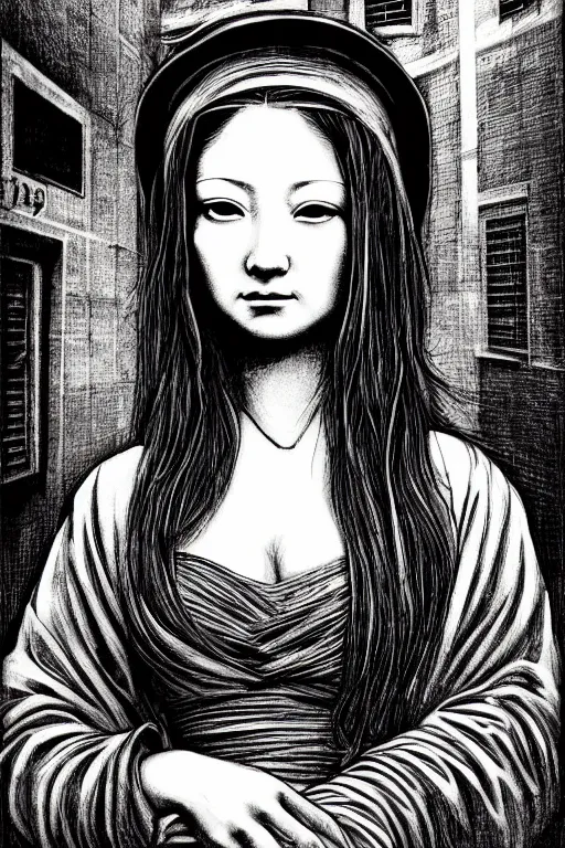 Image similar to beautiful portrait of a woman, negative no not mona lisa pose, highly detailed ink illustration of a dark alley of taipei, b & w clean shaped illustration by kim jung gi, ric estrada, ron english and eiichiro oda