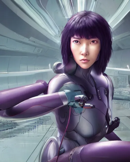 Image similar to weta disney pixar movie still portrait photo of motoko kusanagi ghost in the shell : : as cyborg woman by pixar : : by weta, wlop, ilya kuvshinov, rossdraws, artgerm, marvel, maxim cover, latex, octane render, sweaty, iridescent, bright morning, anime, liosh, mucha : :