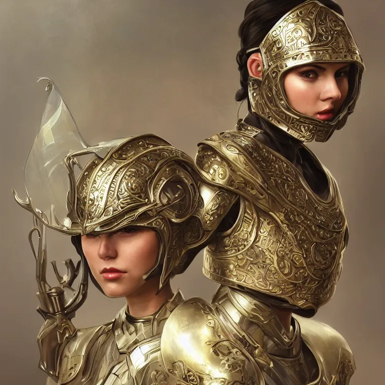 Prompt: a portrait of an attractive young female, ornate metallic helmet, clothed in battle armor, olive skin, long dark hair, beautiful bone structure, symmetrical facial features, intricate, elegant, highly detailed, digital painting, trending on Artstation, concept art, smooth, sharp focus, illustration, in the style of artgerm and greg rutkowski and alphonse mucha