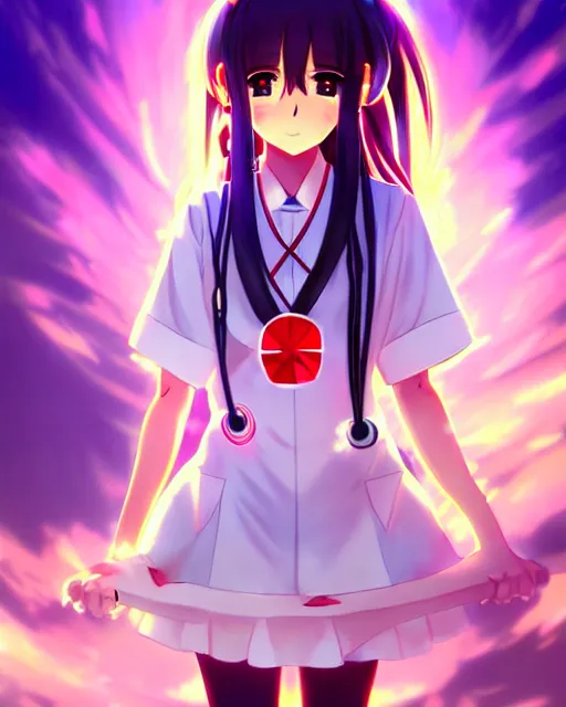 Image similar to anime style, vivid, expressive, full body, 4 k, painting, a cute magical girl with a long wavy black hair wearing a nurse outfit, stunning, realistic light and shadow effects, centered, simple background, studio ghibly makoto shinkai yuji yamaguchi