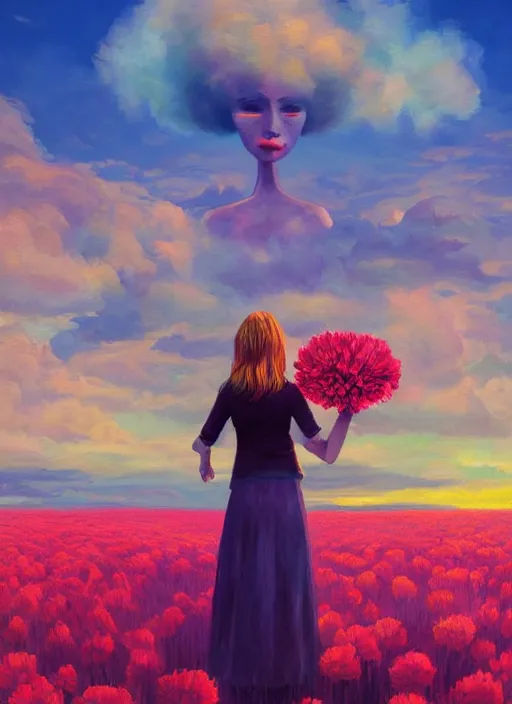 Image similar to portrait of a woman with a giant carnation as a face, flower field, surreal photography, sunset dramatic light, impressionist painting, colorful clouds, blue sky, digital painting, artstation, simon stalenhag