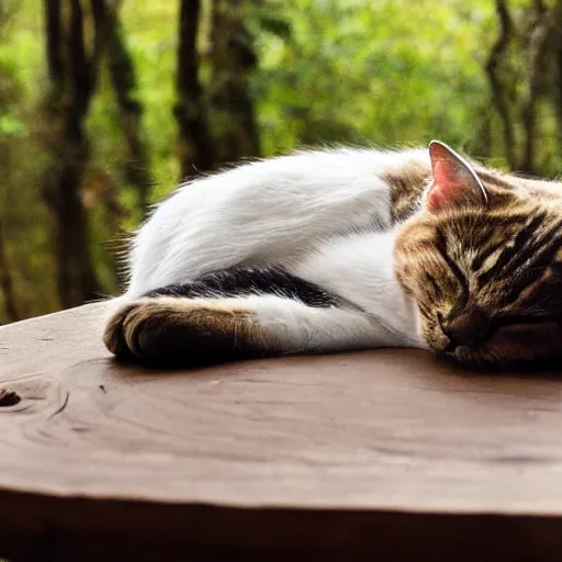 Prompt: a sleeping cat on a table, in a forest