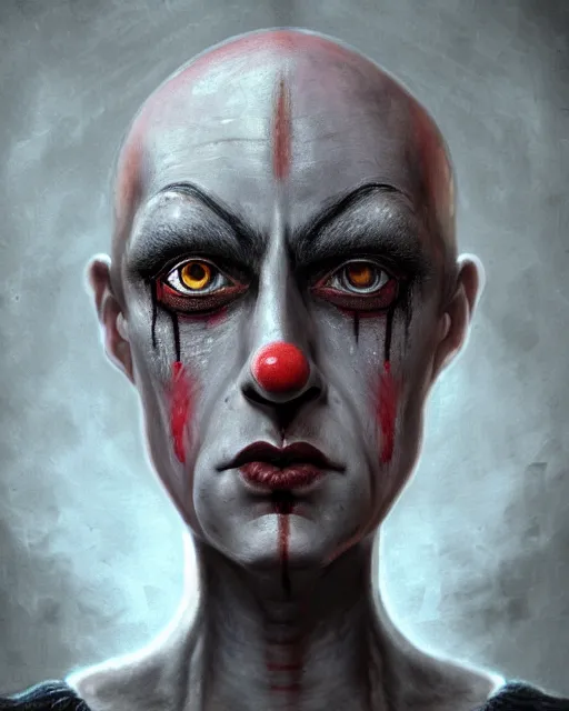 Image similar to centered detailed portrait of a sad clown identical eyes, fantasy, illustration, slender symmetrical face and body, artstation, cinematic lighting, hyperdetailed, cgsociety, 8 k, high resolution, charlie bowater, tom bagshaw, single face, insanely detailed and intricate, octane render, dark fractal background, vfx, postprocessing, featured on artstation, well - rendered