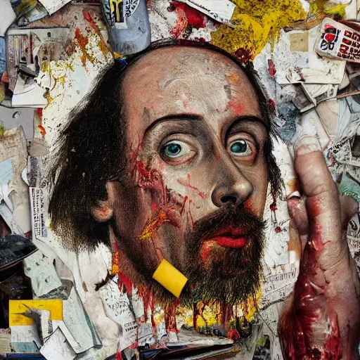 Image similar to hyperrealistic, photorealistic, mixed media oil painting of william shakespeare, magazine scraps, plaster, blood, oil, mustard, cigarettes, splatter, trending on artstation, award - winning painting, greg rutkowski, basquiat, ralph steadman, terry gilliam