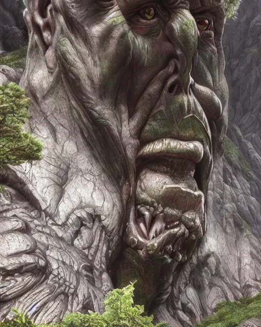 Prompt: a giant troll statue in the mountains, detailed face. Realistic painting by Thomas Cole and Wayne Barlowe, Greg Rutkowski