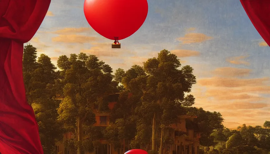 Prompt: a huge standalone hyperrealistic photorealistic hyperdetailed window reflecting a red balloon at sunrise, seen from the distance. art nouveau rococo in the style of caravaggio and botticelli. unexpected elaborate maximalist fabric elements hd 8 x matte background in vibrant vivid natural interesting colour textures