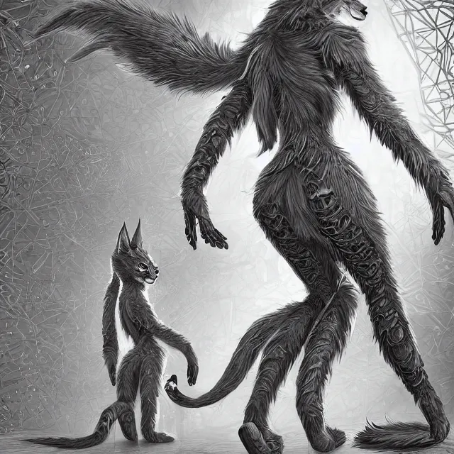 Prompt: the full body of anthropomorphic lynx fursona from behind wearing a steampunk suit as unimaginably beautiful, gorgeous, elegant, young woman with lynx head, an ultrafine hyperdetailed illustration by furaffinity, intricate linework, white fur, unreal engine 5 highly rendered, global illumination, radiant light, detailed and intricate environment, no feral