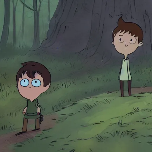 Prompt: Over the Garden Wall, greg and wirt are lost in the forest