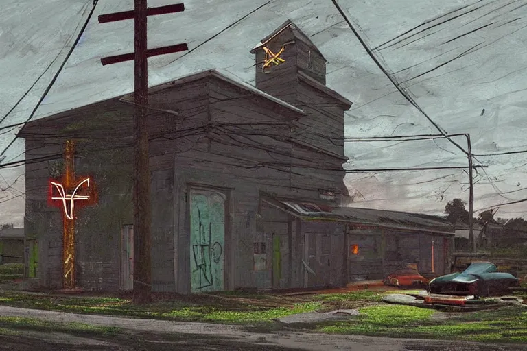 Image similar to scene from louisiana swamps, old protestant church with neon cross, junkyard by the road, boy scout troop, voodoo artwork by tim eitel