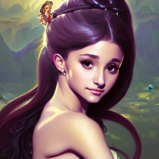 Image similar to Ariana Grande, fantasy, intricate, elegant, highly detailed, digital painting, artstation, concept art, matte, sharp focus, illustration, art by Artgerm and Greg Rutkowski and Alphonse Mucha