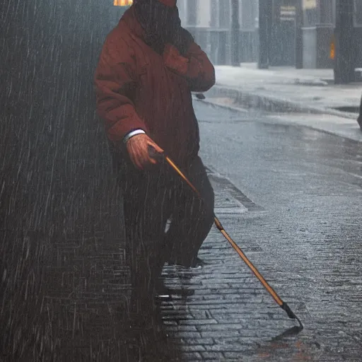 Prompt: closeup portrait of a man fishing in a rainy new york street, photography, natural light, Steve McCurry