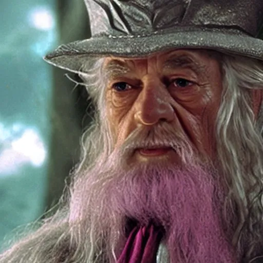 Image similar to gandalf with a pink bowtie on his head, movie still from Lord of the Rings