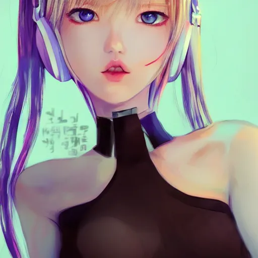 Image similar to realistic teasing detailed semirealism beautiful gorgeous cute Blackpink Lalisa Manoban white hair white cat ears blue eyes, wearing black camisole outfit, headphones, black leather choker full HD 4K high resolution quality WLOP, Aztodio, Taejune Kim, Guweiz, Pixiv, Instagram, Artstation