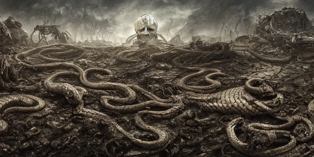 Image similar to snakes crawling from skulls in apocalyptic wasteland, depressing, morbid, surreal, 4 k, digital art, concept art, trending on artstation, highly detailed, epic composition