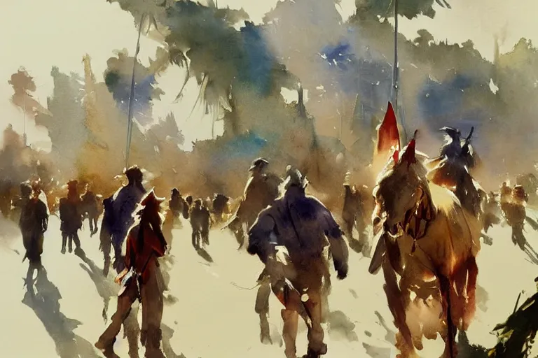 Image similar to small centered on watercolor paper, paint brush strokes, abstract watercolor painting of cultural jungle gathering, cinematic light, national romanticism by hans dahl, by jesper ejsing, by anders zorn, by greg rutkowski, by greg manchess, by tyler edlin