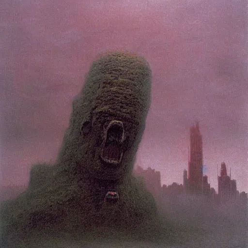 Prompt: giant Jeb Bush attacking city, by Zdzislaw Beksinski