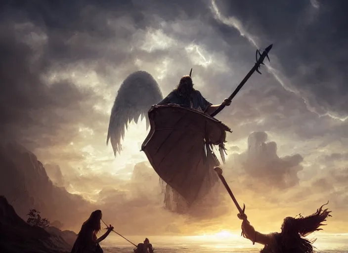 Image similar to an viking invading an angel alone, professional photography, detailed, realistic version of the style Greg Rutkowski, 4k resolution, atmospheric, breathtaking