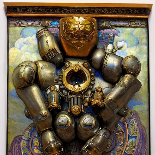 Image similar to ornate robot cat sculpture, by annie swynnerton and diego rivera and nicholas roerich and jean delville and janet fish, symbolist, dramatic lighting, god rays, art brut, rich colors, smooth, sharp focus, extremely detailed, adolf wolfli and ( donato giancola and bilibin )