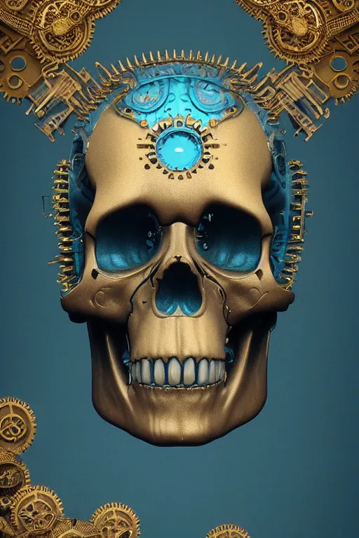 Image similar to hyperrealistic 3d render ultra detailed of a skull, art deco, steam punk, intricate gears details, hyperrealistic, Volumetric lighting, ultra detailed, elegant, octane render, blue and gold, 8k, trending on Artstation, unreal engine