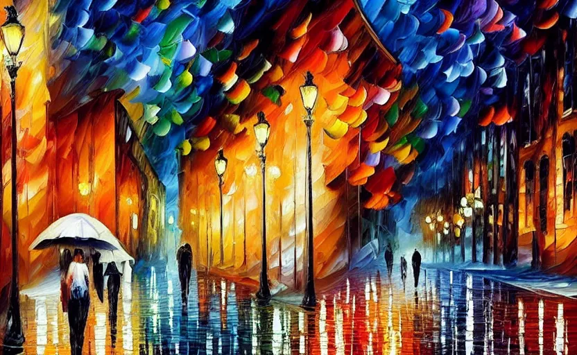 Image similar to walking downtown at night by leonid afremov, oil painting on canvas, intricate details!!!, fine brush!!!!!!