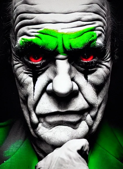 Prompt: photo of Jack Nicholson as the Joker with green hair by Lee Jeffries, head shot, detailed, award winning, Sony a7R