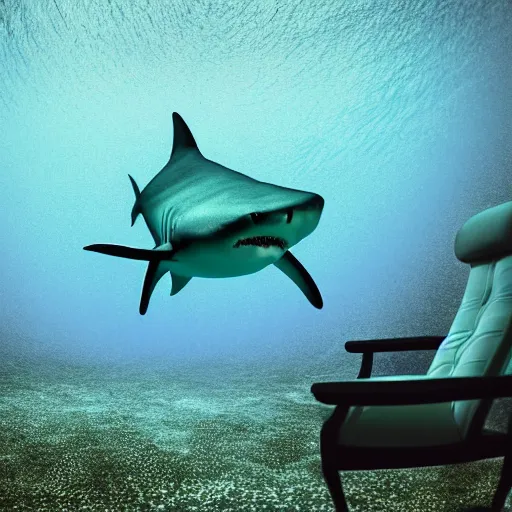 Image similar to a shark sitting in a chair reading a book underwater realistic hdr 8 k 3 5 mm