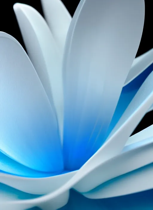 Image similar to blue perfume standing in white enchanted sprarse blue flowers, in an ivory room well contoured smooth fair walls, up close shot, sharp focus, zen, clean, modern minimalist, zaha hadid octane highly render, 4 k, ultra hd,