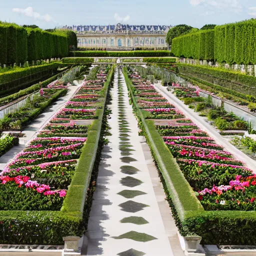 Image similar to versailles orangerie with a garden full of tremiere rose, two stores, white column walls, stairs roof