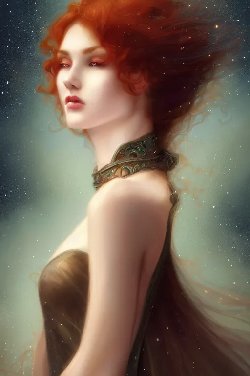 Image similar to Nocturne, glowing, stars, a long-legged occultist woman, long auburn hair, choker, highly detailed, mysterious, ethereal, sigils, haute couture, illustration, dramatic lighting, soft details, painting, by Edmund Blair Leighton, Brom, Charlie Bowater, trending on artstation, faces by otto schmidt