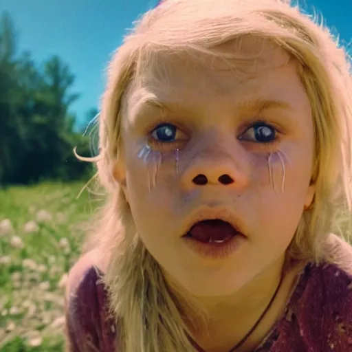 Prompt: Midsommar cult portrait of child with blond hair crying under harsh sunlight cinematic lighting film still