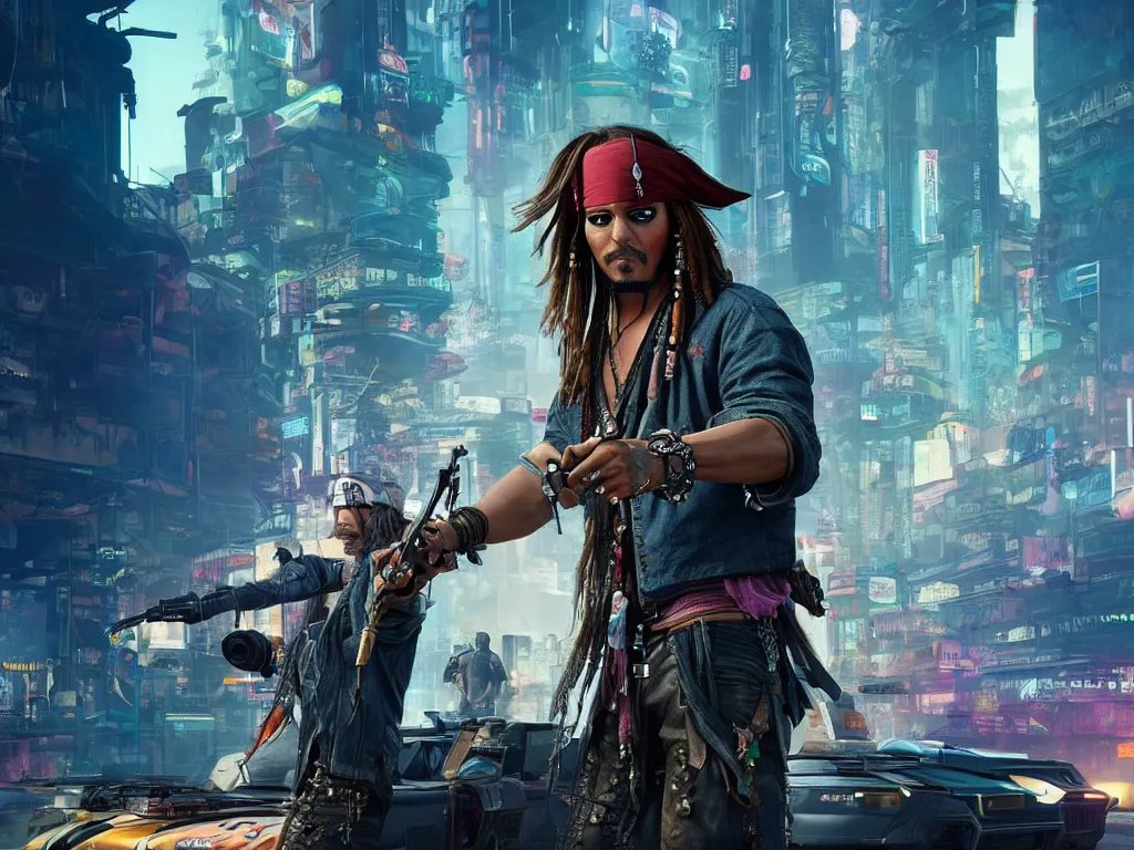 Image similar to jack sparrow in the game of cyberpunk 2 0 7 7, portrait, focus, 3 d illustration, sharp, intricate, poster, jack sparrow standing in front of the futuristic car, night city dystopian cyberpunk city in the background