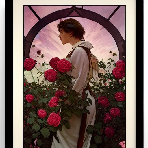 Image similar to meteorite made out of roses flying over the sky, roses trail, greg rutkowski, sharp focus, art by artgerm, alphonse mucha