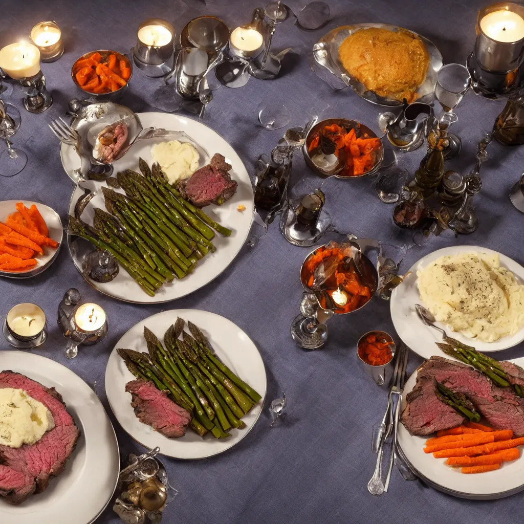 Prompt: single plate with prime rib, asparagus, mashed potatoes and gravy, and steamed carrots with blue table cloth and lit candles in ornate silver candlesticks, ultra - realistic, photo realism, professional photograph, extreme detail, deep focus, laser sharp, volumetric lighting, atmospheric, luxury, elite