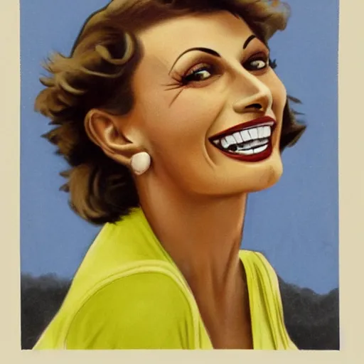 Image similar to a 1 9 2 8 color drawing portrait. calm, happy, healthy, smiling, sporty, young, glowing sophia loren in athletic wear with big smile and healthy teeth. realistic, high quality.