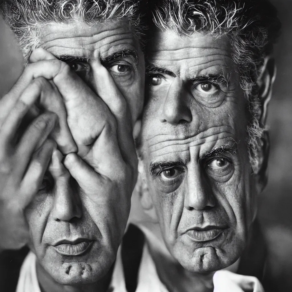 Prompt: portrait of Anthony Bourdain by Yousuf Karsh, 50mm, pentax, film